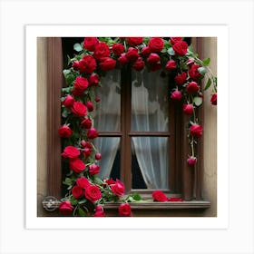 Red roses hanging in window Art Print