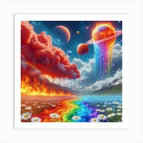 A Red Cloud, Blue Rainbow And Fiery Planets Melting Over A Field Of Daisies 4 Art Print