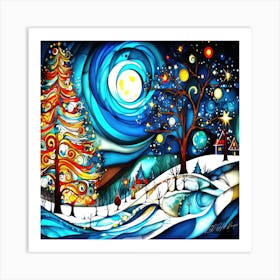 Seasons Greetings Night - Christmas Tree Painting Art Print