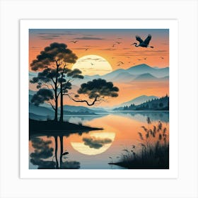 Japanese style sunset lake Art Print