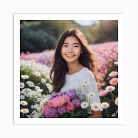 Beautiful Asian Woman In A Flower Field Art Print