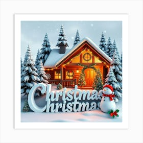 Christmas House With Snowman Art Print