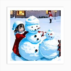 Snowman and Girl Art Print