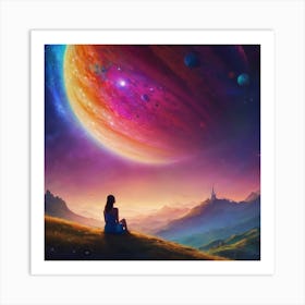 Girl Watching Planets Art Print