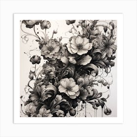 Black And White Floral Drawing Art Print