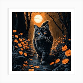 Grey Tabby Cat Walks Moonlit Path With Orange Flowers Art Print