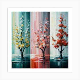 Three different paintings each containing cherry trees in winter, spring and fall 1 Art Print