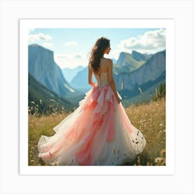 Gorgeous Model In Watercolor Gown, Picturesque Mountain View 1 Art Print