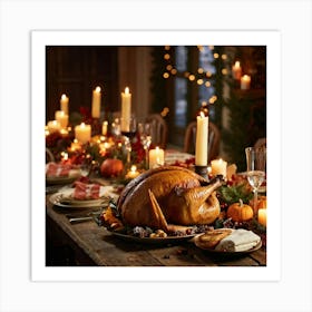 An Inviting Feast Unfolds In A Homey Abundant Setting Right At The Center A Roasted Turkey Radiati (5) Art Print