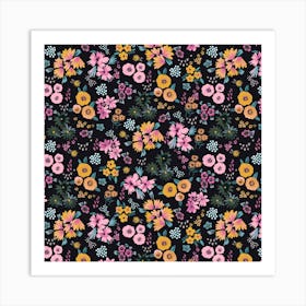 Little Flowers Multi Black  Square Art Print