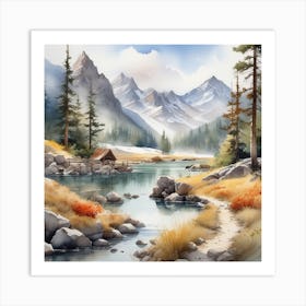 Watercolor Of A Mountain Stream 2 Art Print