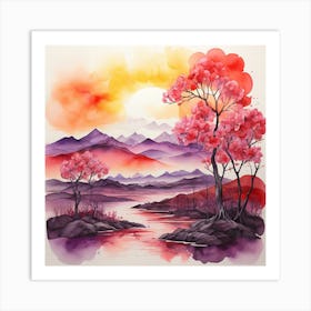 A Sunset By The Blossom Trees In The Mountains Art Print