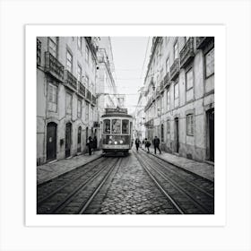 Black And White Photo Lisbons Vintage Tramway Weaving Through Narrow Historic City Streets Tram D (1) Art Print