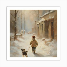 Boy And His Dog In The Snow 1 Art Print