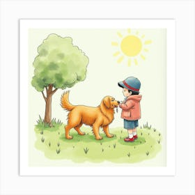 A Golden Retriever And A Child Playing In The Park, Watercolor 1 Art Print