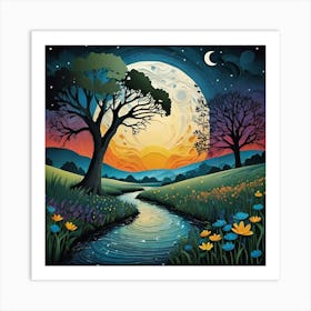 Moonlight Over A Stream Art Print