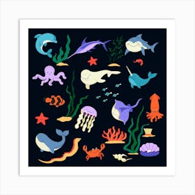 Underwater Sea World Characters Fauna And Flora Art Print