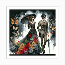 Couple With Umbrellas Art Print