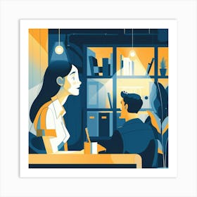 Illustration Of A Couple In A Cafe Art Print