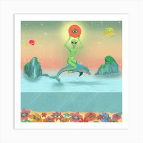 Alien Riding A Dolphin Square Art Print
