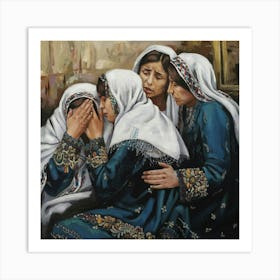 An Emotional Oil Painting On Canvas Of Three Griev women Art Print