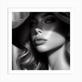 The Girl In The Hat 2/4 (beautiful female lady model black and white portrait close up face) Art Print