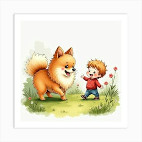 Playful Pomeranian And Child Having Fun In A Garden, Watercolor 1 Art Print