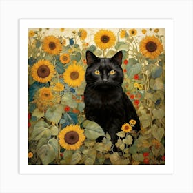 Black Cat In Sunflowers Art Print