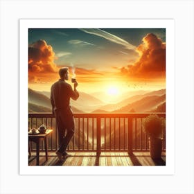 Man On A Balcony At Sunrise Art Print