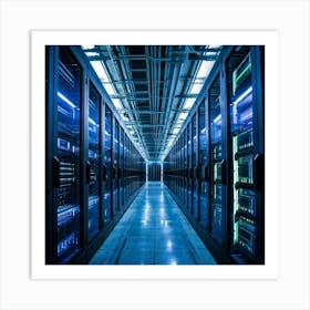 A Large Telecom Datacenter Interior Framed By Numerous Towering Server Racks No Human Presence The (5) Art Print