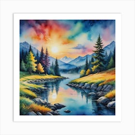 Sunset By The River Luminescent Peaks and Flowing Dreams Art Print