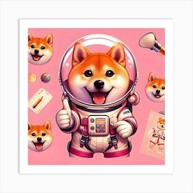 A Cute Happy Shiba Inu Astronaut On A Pink Background, Digital Art Art Print