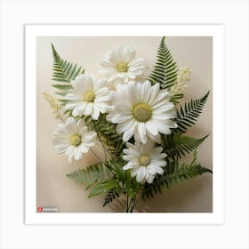 Firefly Delicate Daisy Like Flowers In White, With Fern Accents, On A Smooth Ivory Backdrop Art Print