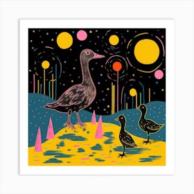 Ducklings At Night Linocut Style 2 Art Print