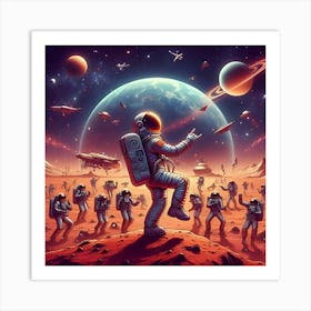 An Astronaut Dance Party On The Surface Of Mars, Digital Illustration 3 Art Print