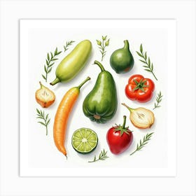 Beautifully Arranged Produce In A Watercolor Painting With An Elegant Finish 1 Art Print