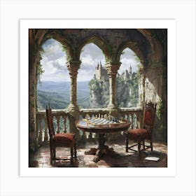 Idyllic Castle Balcony View With Chessboard And Scenic Vista Art Print