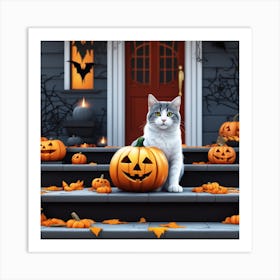 Halloween Cat With Pumpkins Art Print