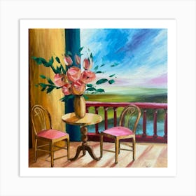 Balcony With Flowers and table and chairs Art Print