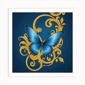 Blue butterfly on mustard spirals Art Print