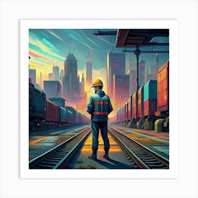 Railroad Worker Standing On Tracks In Front Of Cityscape Art Print