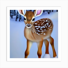 Cute Deer In Winter Landscape Art Print