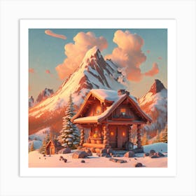 Mountain village snow wooden huts 2 Art Print