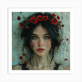 Woman With Flowers On Her Head Art Print