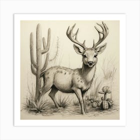 Deer In Cactus Art Print