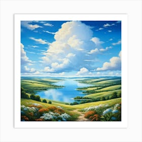 Cumulus Clouds Cotton Like In Texture Dominate The Expansive Azure Sky While A Serene Landscape Un (1) Art Print