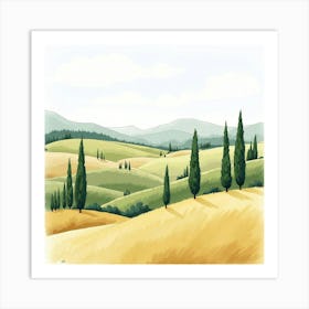 Classic Tuscan Landscape In Watercolor, Featuring Rolling Hills And Cypress Trees 1 Art Print