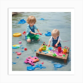 Two Children Playing In The Water Art Print