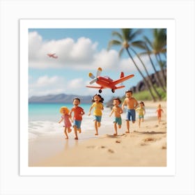 Hawaii Happy Family And Beach With Happy Children Running Toy Airplane And Freedom 3 Art Print