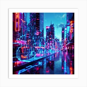 Augmented Reality Interface Holographic Elements Cascading Over A Bustling Cityscape At Dusk Neon 789043003 (4) Art Print